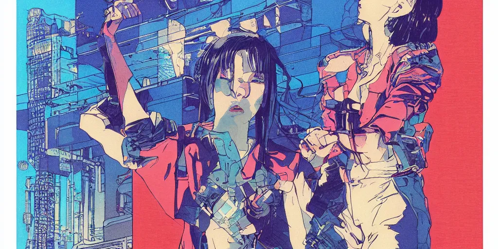 Image similar to a close - up grainy risograph of cyberpunk japanese model girl glance matte poster, cellophane accessories, transparent clothes blue hour, twilight, by moebius and lehr paul