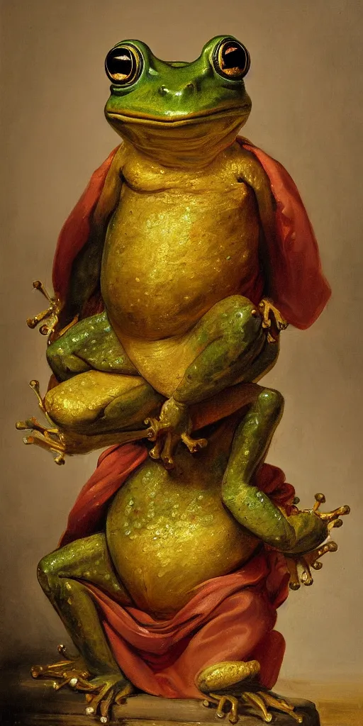 Prompt: A Royal humanoid Frog sitting on a throne. He's holding a golden orb. Oil Painting, France 1785. Masterpiece 4k trending on artstation. In the style of Rembrandt