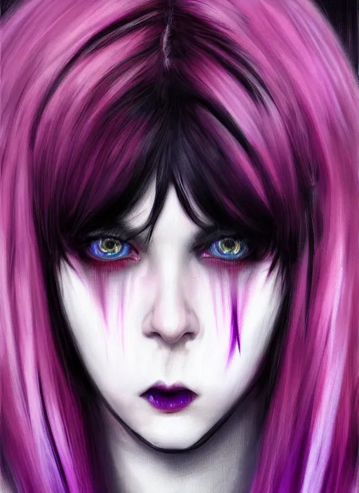 Image similar to portrait of white teenage girl, normal face, white bangs, mall goth, cyberlox, black and white hair, bangs, fluffy bangs, red contact lenses, purple lipstick, intricate, elegant, highly detailed, digital painting, artstation, concept art, sharp focus, smooth, illustration, art by wlop, mars ravelo and greg rutkowski