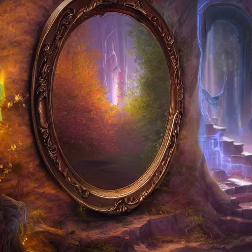 Image similar to a spell binding mirror, epic mystical background by Keith Thompson and Christopher Bretz, highly detailed, digital painting, HDRI, vivid colors, high contrast, 8k resolution, intricate, photorealistic, smooth