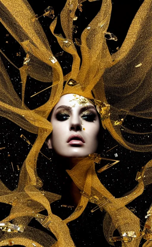 Prompt: abstract head shot intricate portrait of the beautiful supermodel females silhouette sleeping in black glossy acrylic paint and crystals, intricate, elegant, abstract art, white and golden quartz and giant abstract marble white paint surrounded by golden smoke, glitter and energy glow, golden particles flying in the air. matte painting. epic lens flare. octane render, by wlop, tooth wu, greg rutkowski,