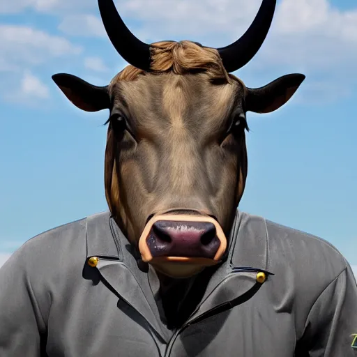 Image similar to a highly detailed ultra realistic photograph of a cow dressed in a fighter jet jumpsuit and mask