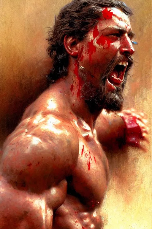 Image similar to Gladiator, blood, sweat, muscular, detailed face, correct face, painting by Gaston Bussiere, Craig Mullins