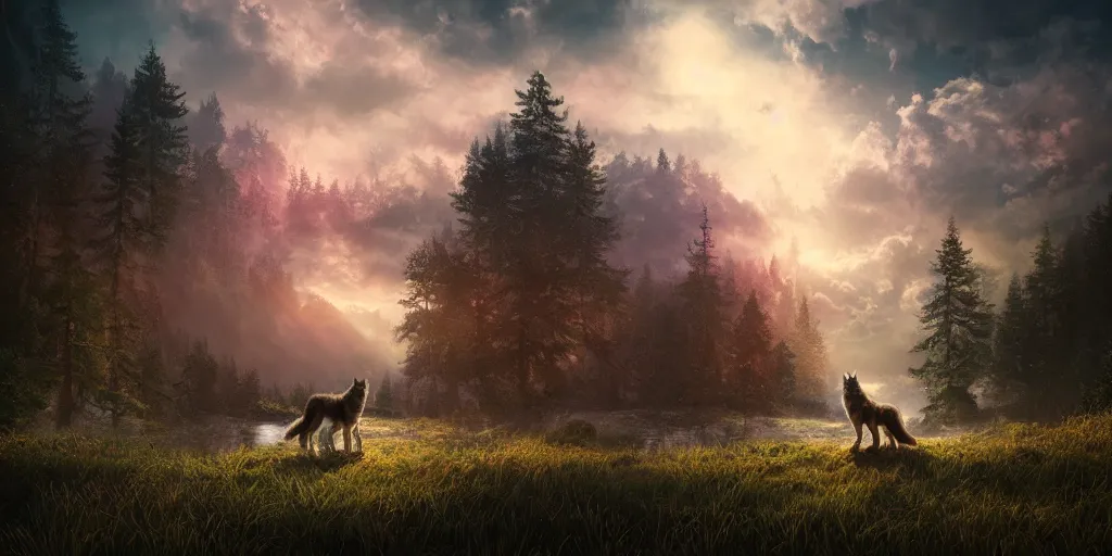 Prompt: beautiful dreamy landscape, wolves, dream, colors, dramatic, mid day, large scale, hyperrealistic, lots of detail, realistic lighting, octane render, by wlop, artgerm, trending on artstation