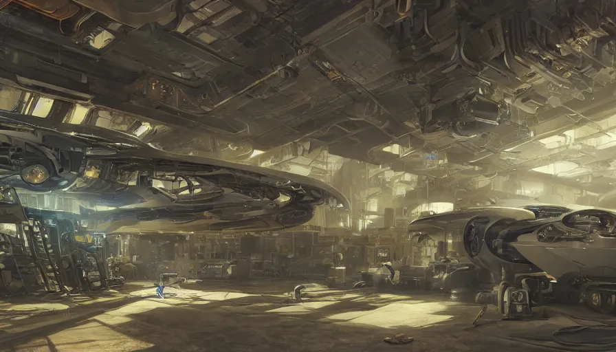 Prompt: the inside of a futuristic mechanic spaceshop coc, highly detailed interior, half - finished robot, holographic screen in center frame by peter mohrbacher, dieselpunk, cryengine render, hyper realism, realistic shading, cinematic composition, realistic render, octane render, detailed textures, photorealistic, wide shot, fanciful, colorful