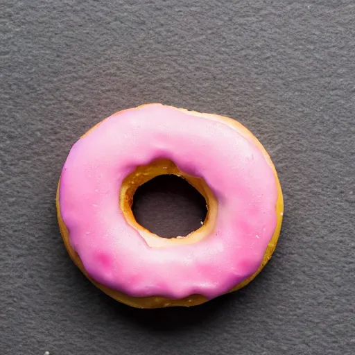 Prompt: Perfectly circular donut!!!!! in the shape of a strawberry!!!!!!, trending on artstation, 4k, 8k, professional photography, overhead shot, 35mm lens