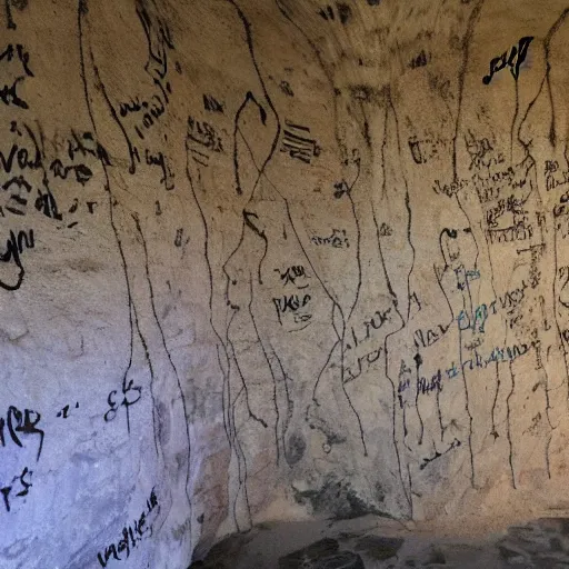 Prompt: among us scribbled on a cave wall,