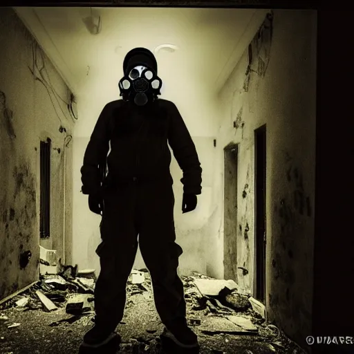 Image similar to A misterious man wearing a gas mask is standing on the midle of a stair hallway looking in the direction of the camera, the man is using a turned on flashlight to look for survivors :: Ruined city with vegetation and trees growing all over the place in the distroyed buildings :: apocalyptic, shadowy, disolate :: A long shot, low angle, dramatic backlighting, simetric photography, night time, slighty colorful :: cinematic shot, very detailed