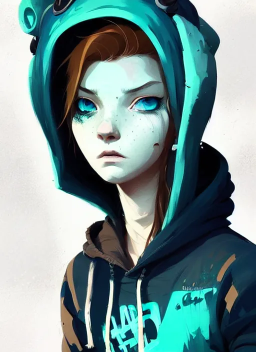 Image similar to highly detailed portrait of a sewer punk lady student, blue eyes, hoodie, cloudy lofted white hair by atey ghailan, by greg rutkowski, by greg tocchini, by james gilleard, by joe fenton, by kaethe butcher, gradient green, black, brown and cyan color scheme, grunge aesthetic!!! ( ( graffiti tag wall background ) )