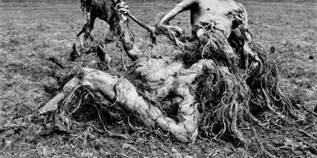 Prompt: historical photograph of a man turning into a grotesque monster with goathorns and roots growing from his face in a pasture in the alps