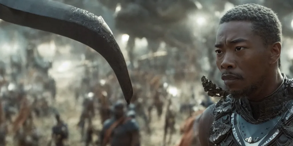 Prompt: a film still of a black man starring in a japanese blockbuster film as ancient samurai in the city of wakanda, shallow depth of field, cinematic, award winning cgi, vfx, film still