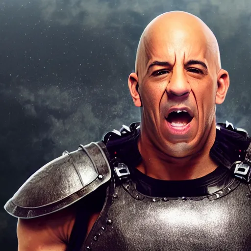 Image similar to highly detailed octane render of a close up portrait of Vin Diesel wearing a shirt and armour and screaming in a old school television