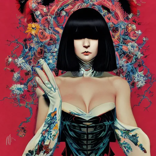 Image similar to portrait of crazy sia kate isobelle furler, symmetrical, glamour, by yoichi hatakenaka, masamune shirow, josan gonzales and dan mumford, ayami kojima, takato yamamoto, barclay shaw, karol bak, yukito kishiro