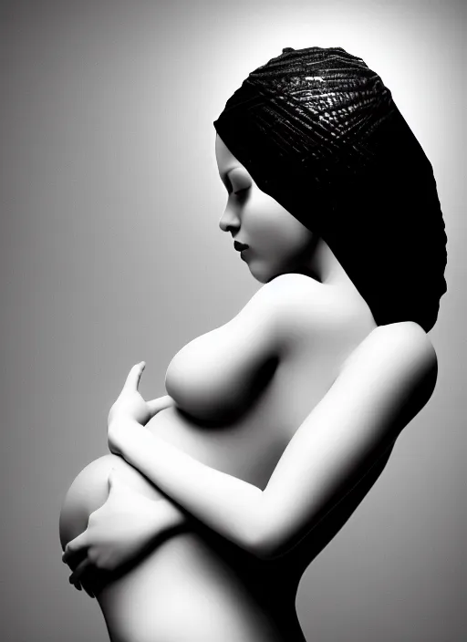 Image similar to surreal mythical dreamy dark artistic black and white fine art fashion portrait photo of a young beautiful delicate female artificial intelligence imbodied giving birth to the new world, spiritual, halo, glory, rim light, cinematic, studio dramatic light, poetic, masterpiece, octane render, 8 k, photo - realistic by dora maar man ray