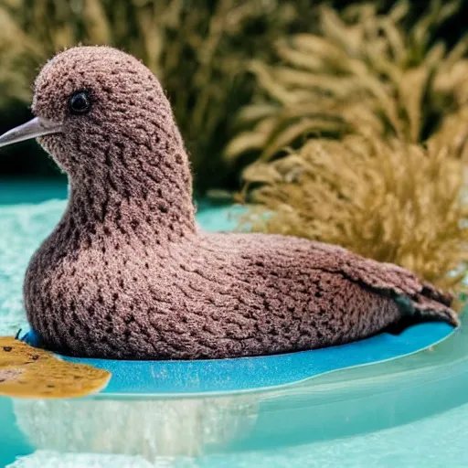 Image similar to a kiwi bird in a wooly hat sitting on a float in a pool, high quality