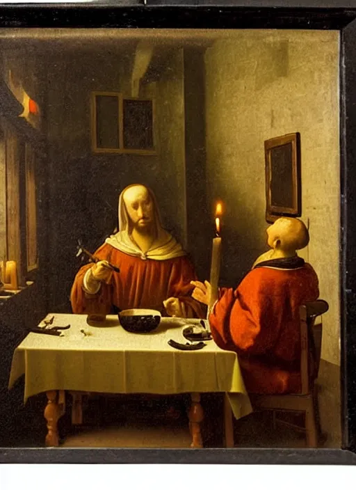 Image similar to a candlelit table at the inn, evening, dark room, two people sitting at the table, swirling smoke, dark smoke, realistic, in the style of leonardo da vinci, dutch golden age, amsterdam, medieval painting by jan van eyck, johannes vermeer, florence