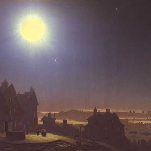 Prompt: dark solar eclipse, above a village, highly detailed, studio 4 k quality, by carl gustav carus