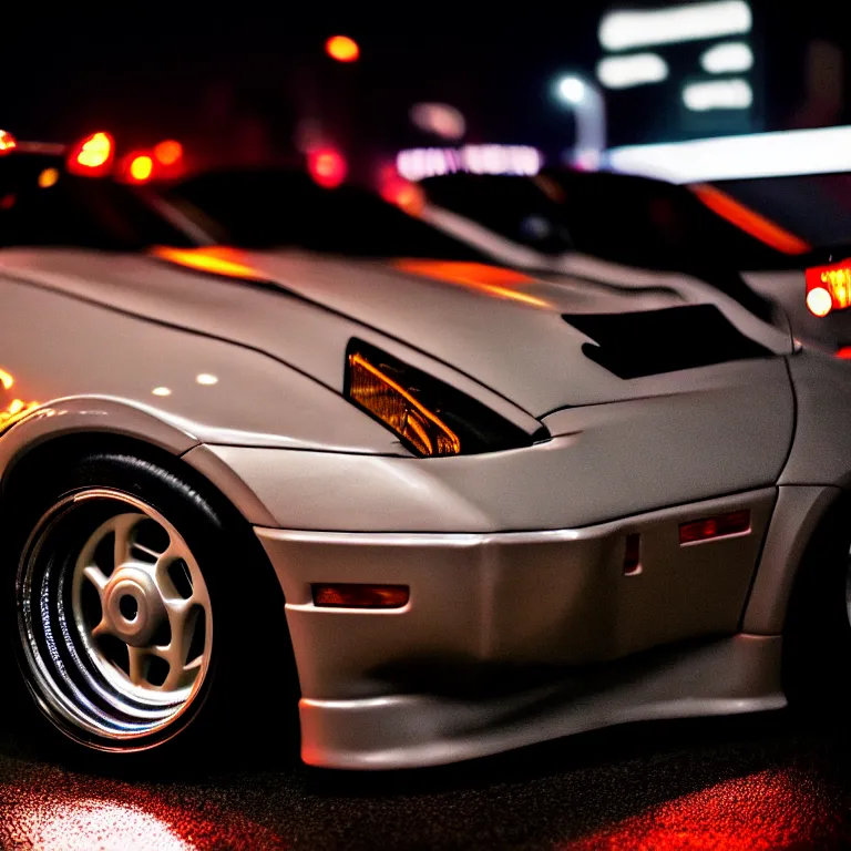 Prompt: close-up-photo Nissan Z32 turbo illegal roadside night meet, deep dish work-wheels, Shibuya Shibuya, cinematic color, photorealistic, highly detailed night photography