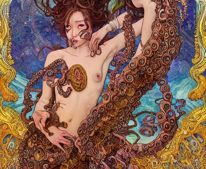 Image similar to portrait of an octopus goddess, full body shot, rule of thirds, wide angle, amazing landscape in background, fantasy, whimsical, horror, art by chengwei pan and alphonse mucha and josephine wall and amanda sage, intricately detailed, highly detailed, luxurious, elegant, clean, unsettling, trending on artstation