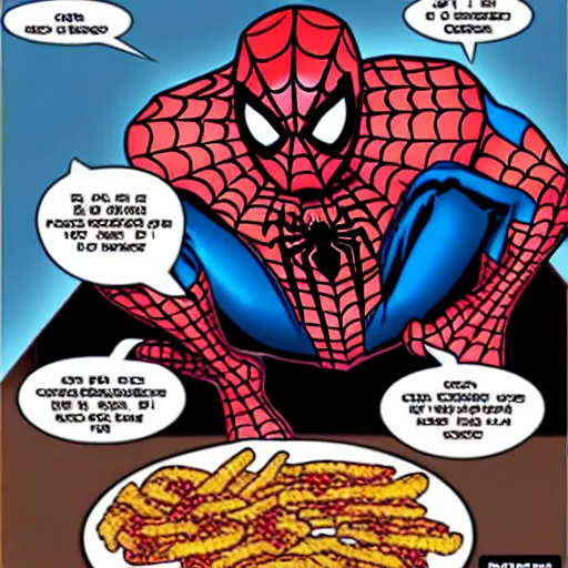 Image similar to spiderman eating greasy food from arby's