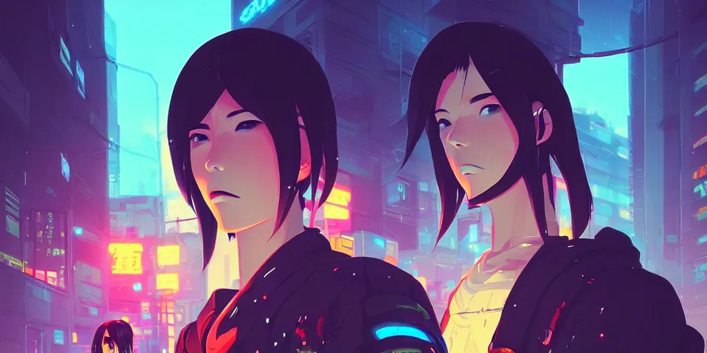 Image similar to digital illustration closeup portrait of cyberpunk samurai in city street at night by makoto shinkai, ilya kuvshinov, lois van baarle, rossdraws, basquiat | afrofuturism, in the style of hearthstone, trending on artstation | cool color scheme