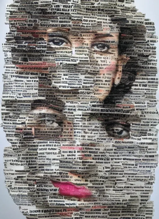 Prompt: a beautiful young woman made of newspaper