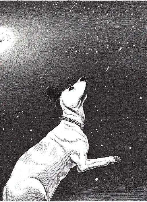 Image similar to candid portrait of jack russel dog looking up, from behind, night sky, highly detailed, side view, illustrated by peggy fortnum and beatrix potter and sir john tenniel