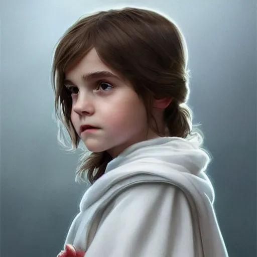 Image similar to perfectly - centered - portrait of a kid looking like young emma watson wearing white cloak holding light saber, intricate, highly detailed, digital painting, artstation, concept art, smooth, sharp focus, illustration, unreal engine 5, 8 k, art by artgerm and greg rutkowski and alphonse mucha