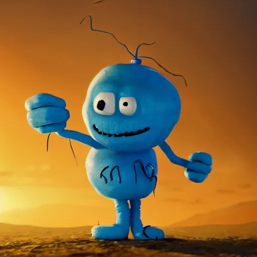 Image similar to portrait of a photorealistic version of mr meeseeks, golden hour, detailed matte painting, cinematic, in the style of Simon Dewey, artstation,