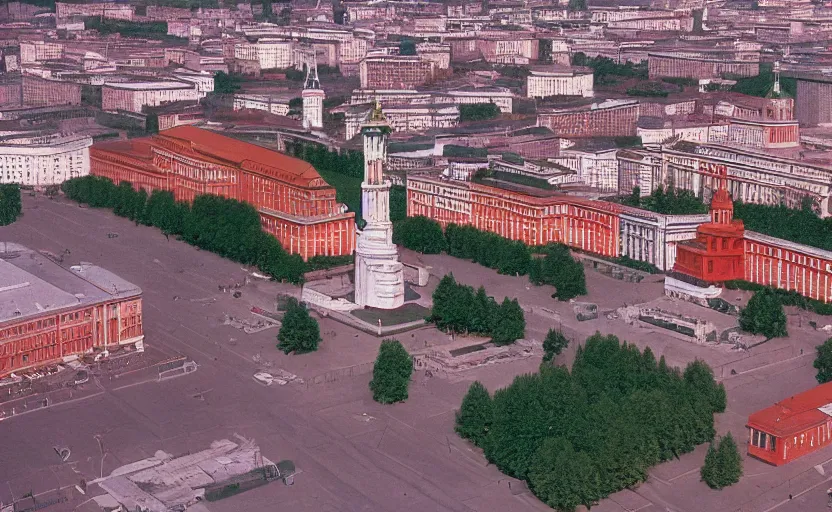 Image similar to high quality 2000s historic footage of soviet square with one lenin statue with stanilist style giant walls , color aerial photo drone, Cinestill 800t, heavy grainy picture, very detailed, high quality, 4k panoramic