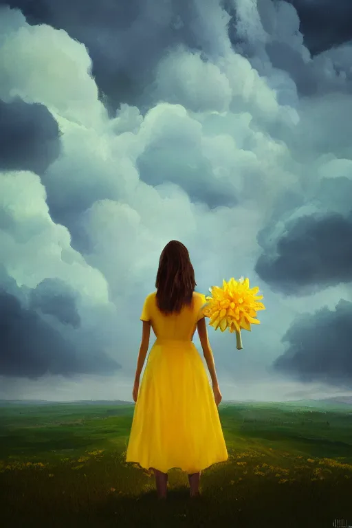 Image similar to closeup girl with giant yellow dahlia flower face, standing on mountain, surreal photography, blue storm clouds, dramatic light, impressionist painting, digital painting, artstation, simon stalenhag