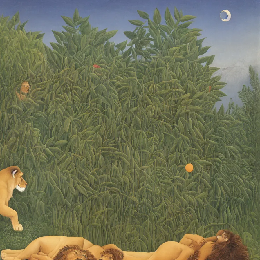 Image similar to in the style of henri rousseau, a lion standing behind a sleeping man dressed in a stripe rope. In the background is a mountain range. It is night and a full moon can be see on the right hand side. a Mandolin is laying in front of the sleeping man