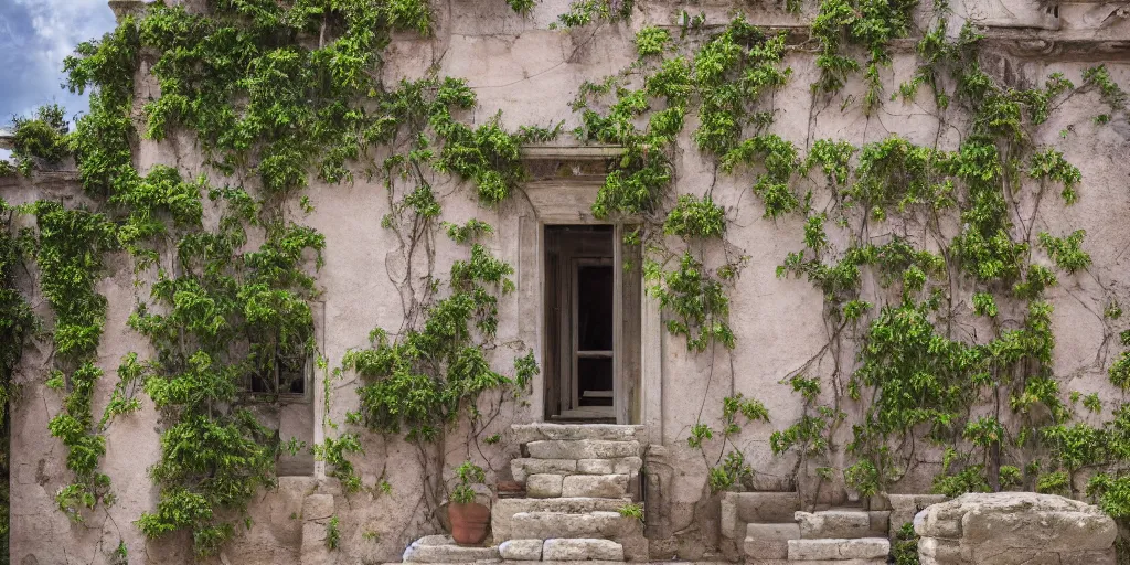 Prompt: photo of a ancient roman house with wisteria flowers, wallpaper, arhitectural shot, national geographic, award arhitectural photography, professional arhitectural photography, sunny, day time, beautiful, warm light, fernando guerra, tekla evelina severin, karen vikke