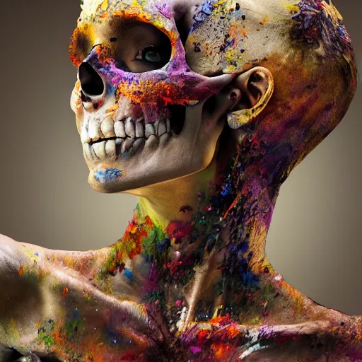 Image similar to full body pose, hyperrealistic mixed media painting of a beautiful skull woman, dim volumetric lighting, 8 k, octane beautifully detailed render, extremely hyper detailed, intricate, epic composition, cinematic lighting, masterpiece, trending on artstation, very very detailed, masterpiece, stunning, hdr, smooth, sharp focus, high resolution, award, winning photo, dslr, 5 0 mm