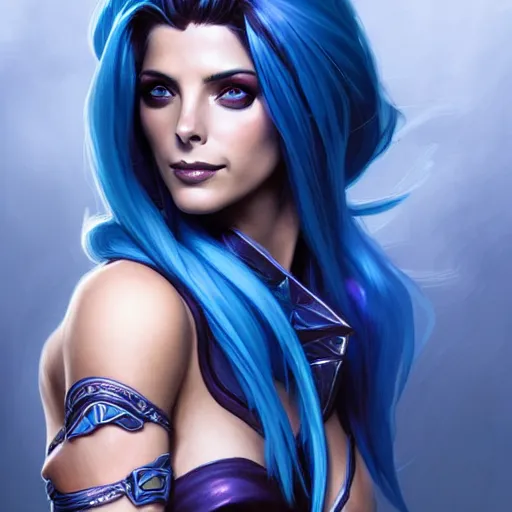 Image similar to Ashley Greene with blue hair as Jinx from League of Legends, western, D&D, fantasy, intricate, elegant, highly detailed, digital painting, artstation, concept art, matte, sharp focus, illustration, art by Artgerm and Greg Rutkowski and Alphonse Mucha