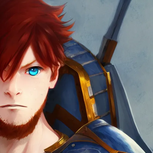 Prompt: portrait of a redheaded man with blue eyes and wearing a armor, medieval background, highly detailed, digital painting, artstation, matte, by makoto shinkai, animation style, studio ghibli, anime key visual