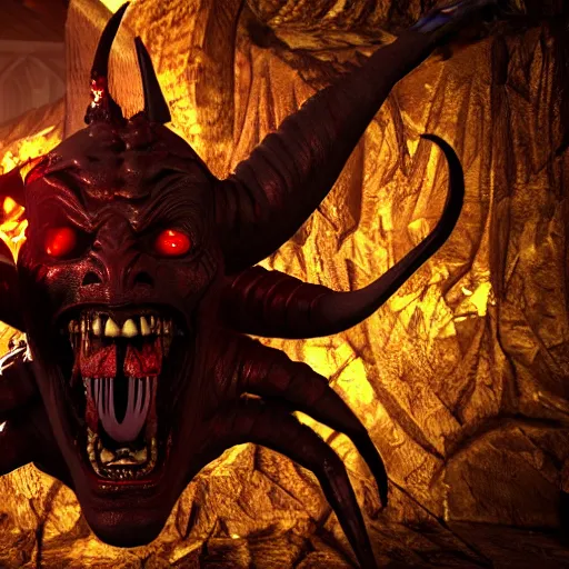 Image similar to demon in the depths of hell, satan smiles, laughter, audible, crimson, demonic, el greco, 3 - d render, unreal engine 4