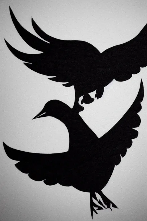 Prompt: a simple tattoo design of minimalist flying birds, black ink, abstract logo, line art