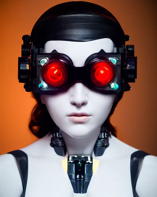 Image similar to 3 / 4 portrait photo by bouguereau of female dancer as a cyberpunk mecha humanoid robotic parts wearing goggles with straight led lights over neck, inside white room, ultra - realistic and detailed, 8 k