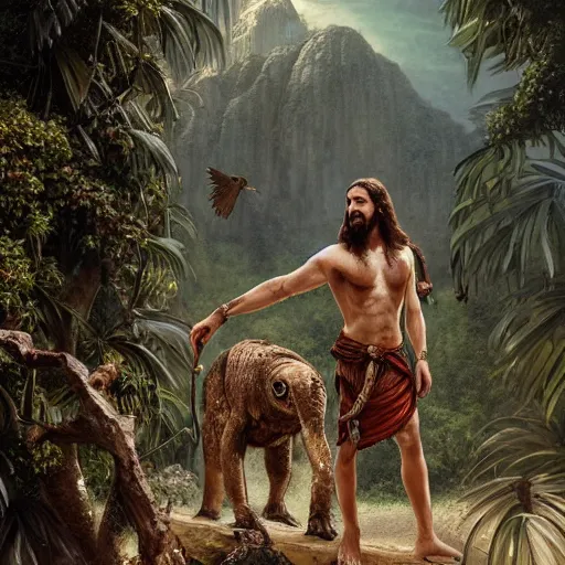 Image similar to a detailed matte painting of a ridiculously good looking jesus who is exploring the prehistoric jungle with his pet falcon, elegant ancient greek dress, jungle as the background, very detailed, beautiful, intricate, art by greg rutkowski and robert e howard, octane render