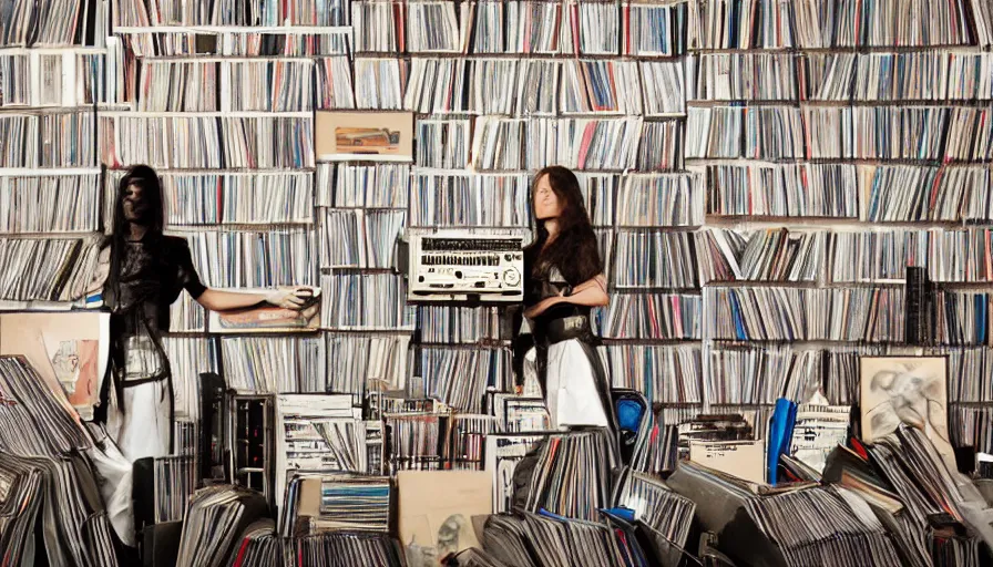 Prompt: warrior women guarding a wall of records, synthesizers, turntables and computers, dark, realistic, intimidating