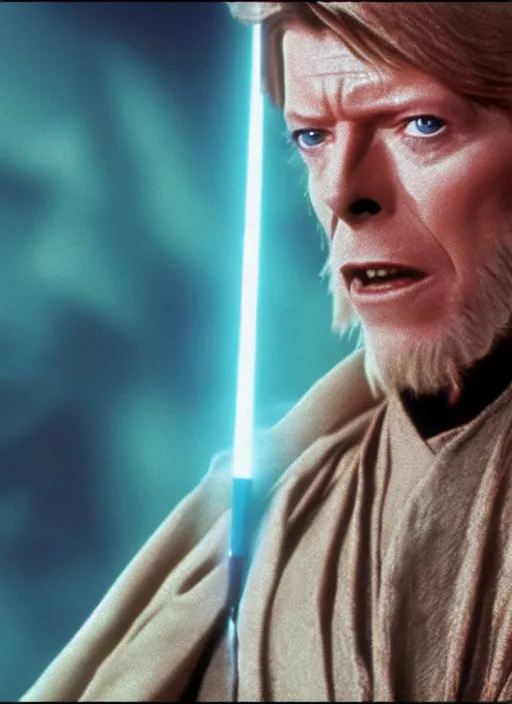 Prompt: david bowie as obi wan kenobi in star wars, movie frame, bluray