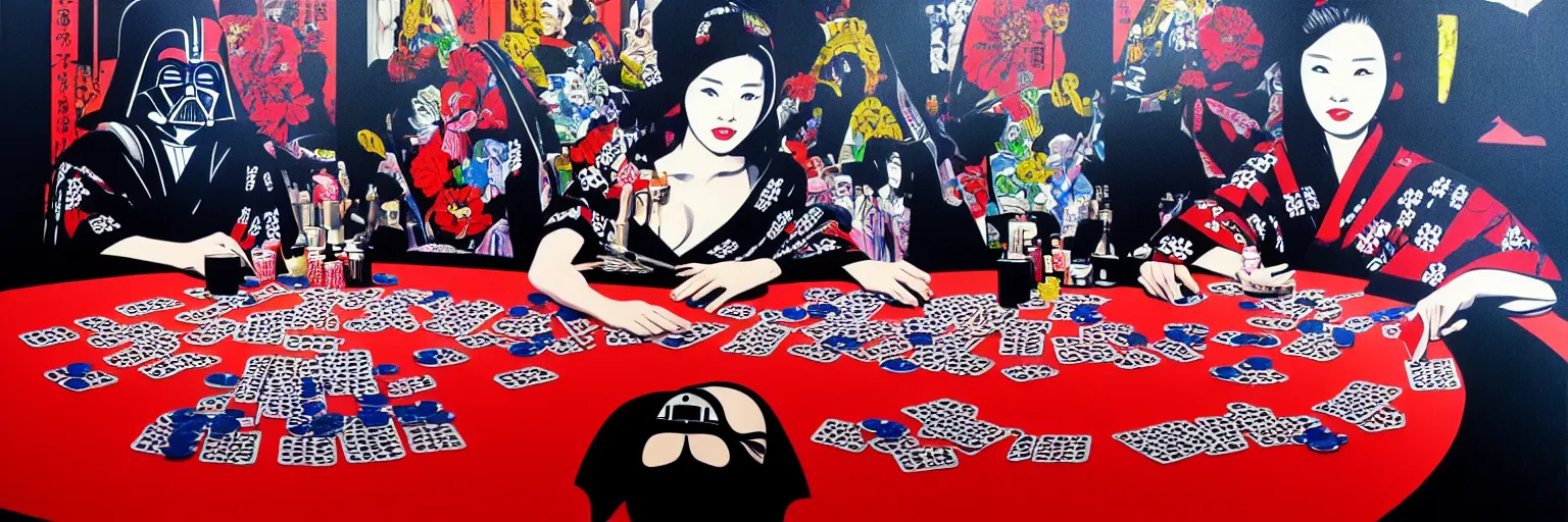 Image similar to hyperrealism composition of the detailed woman in a japanese kimono sitting at an extremely detailed poker table with darth vader, terminator, fireworks on the background, pop - art style, jacky tsai style, andy warhol style, acrylic on canvas