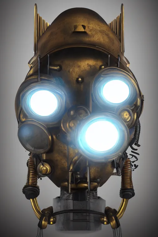 Image similar to steampunk mask minimalist fantasy art robot ninja helmet, global illumination ray tracing hdr fanart arstation by sung choi and eric pfeiffer and gabriel garza and casper konefal radiating a glowing aura