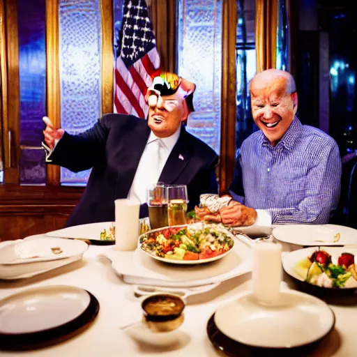 Image similar to Trump and Biden having dinner at a fancy Balinese restaurant, award winning photography, sigma 85mm Lens F/1.4, blurred background, perfect faces