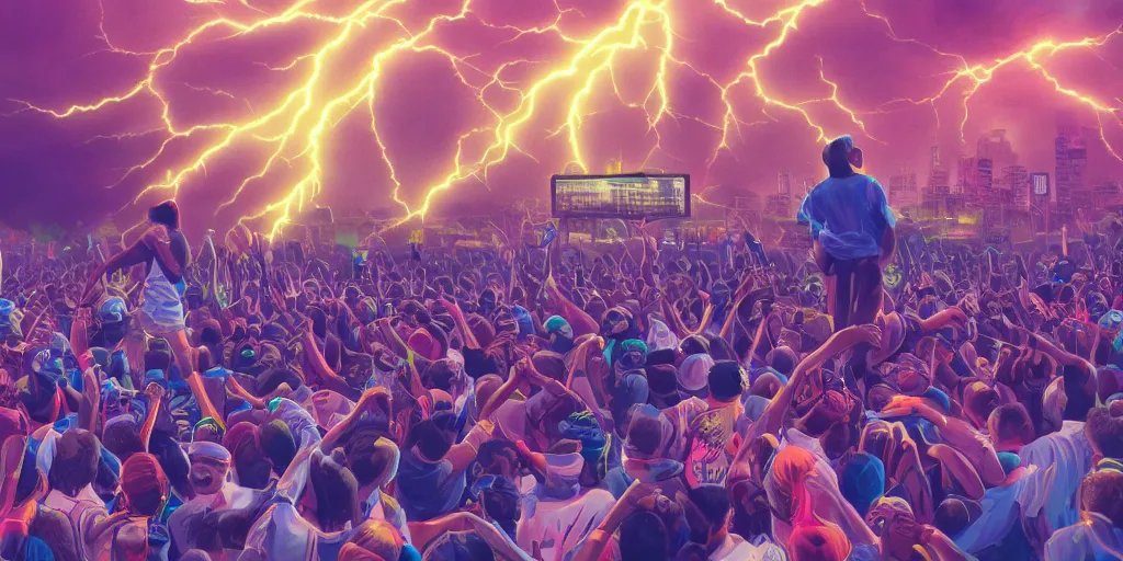 Prompt: Lightning strikes while rapper leaning over huge crowd reaching up to him, digital art, vapor wave, hip hop, surreal, trending on Artstation, professional artist, detailed, 4k