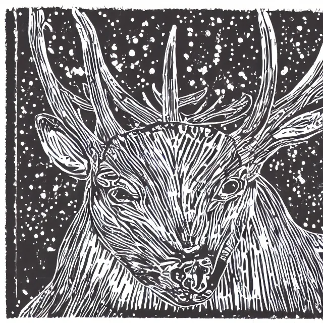 Image similar to linocut of a cybernetic deer. pink, black and white color pallette.