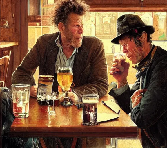 Prompt: Tom Waits and Iggy in a pub, highly detailed, digital painting, artstation, concept art, smooth, sharp focus, illustration, art by james gurney and norman rockwell and greg rutkowski chuck close