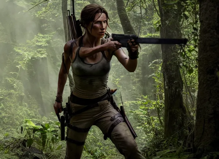 Image similar to film still of!!!! daisy edgar jones!!! as lara croft in new tomb raider movie, 8 k