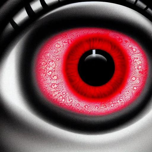 Image similar to a detailed extremely close up of inside the iris, cornea, red image, microscopic, extremely close up drawing by junji ito, cgsociety, generative art, lovecraftian, parallax, cosmic horror, extremely detailed, hyperrealism, unreal engine, octane render, award winning, masterpiece, highly detailed, realistic, 4 k, digital